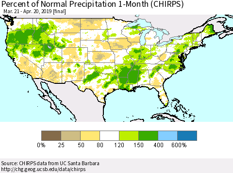 United States Percent of Normal Precipitation 1-Month (CHIRPS) Thematic Map For 3/21/2019 - 4/20/2019