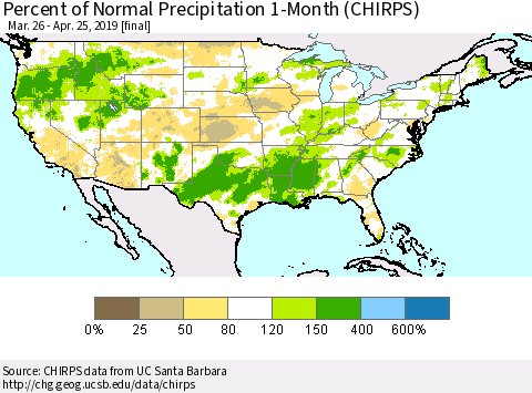 United States Percent of Normal Precipitation 1-Month (CHIRPS) Thematic Map For 3/26/2019 - 4/25/2019