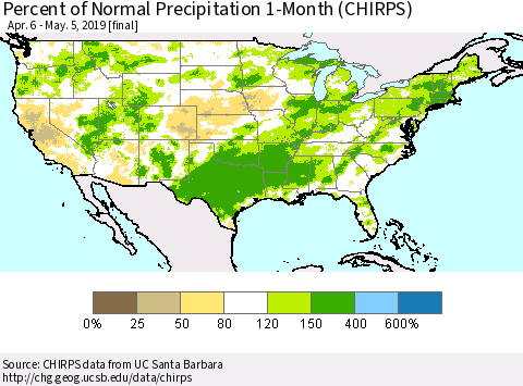 United States Percent of Normal Precipitation 1-Month (CHIRPS) Thematic Map For 4/6/2019 - 5/5/2019