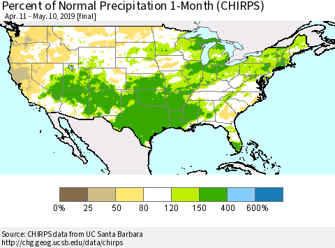 United States Percent of Normal Precipitation 1-Month (CHIRPS) Thematic Map For 4/11/2019 - 5/10/2019