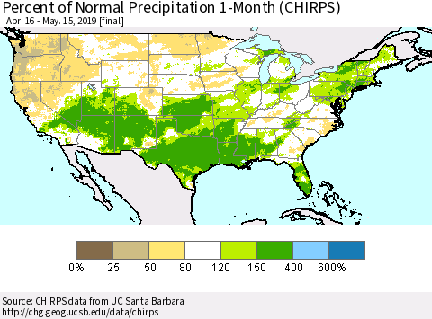 United States Percent of Normal Precipitation 1-Month (CHIRPS) Thematic Map For 4/16/2019 - 5/15/2019