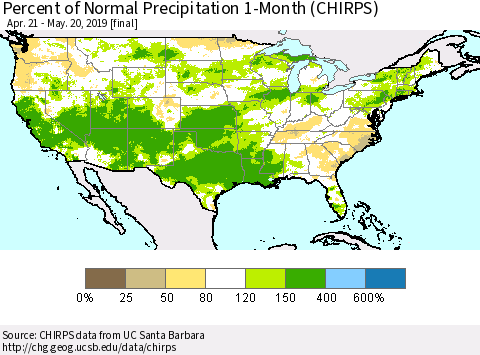 United States Percent of Normal Precipitation 1-Month (CHIRPS) Thematic Map For 4/21/2019 - 5/20/2019