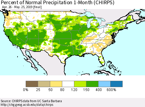 United States Percent of Normal Precipitation 1-Month (CHIRPS) Thematic Map For 4/26/2019 - 5/25/2019