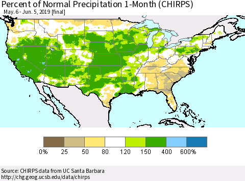 United States Percent of Normal Precipitation 1-Month (CHIRPS) Thematic Map For 5/6/2019 - 6/5/2019