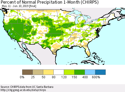 United States Percent of Normal Precipitation 1-Month (CHIRPS) Thematic Map For 5/11/2019 - 6/10/2019