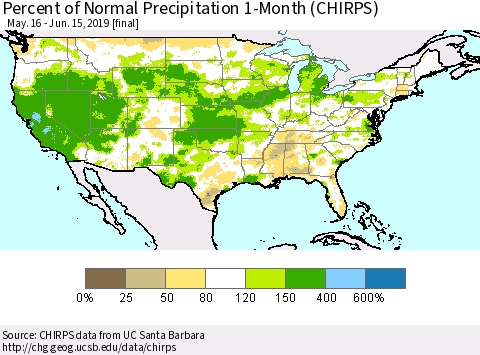 United States Percent of Normal Precipitation 1-Month (CHIRPS) Thematic Map For 5/16/2019 - 6/15/2019
