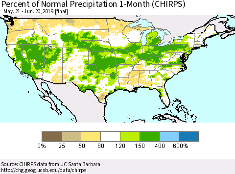 United States Percent of Normal Precipitation 1-Month (CHIRPS) Thematic Map For 5/21/2019 - 6/20/2019