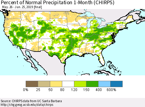 United States Percent of Normal Precipitation 1-Month (CHIRPS) Thematic Map For 5/26/2019 - 6/25/2019