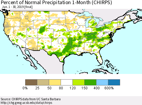 United States Percent of Normal Precipitation 1-Month (CHIRPS) Thematic Map For 6/1/2019 - 6/30/2019