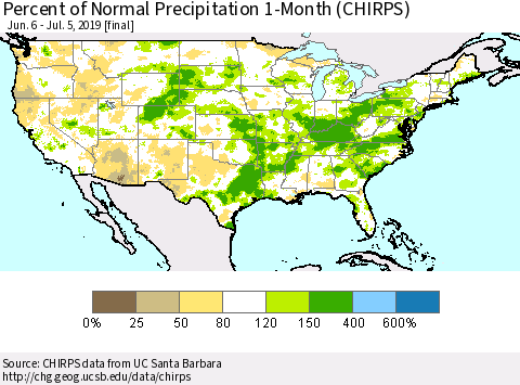 United States Percent of Normal Precipitation 1-Month (CHIRPS) Thematic Map For 6/6/2019 - 7/5/2019