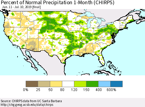United States Percent of Normal Precipitation 1-Month (CHIRPS) Thematic Map For 6/11/2019 - 7/10/2019