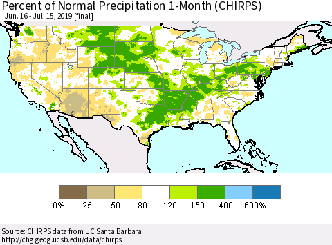 United States Percent of Normal Precipitation 1-Month (CHIRPS) Thematic Map For 6/16/2019 - 7/15/2019