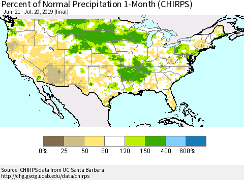 United States Percent of Normal Precipitation 1-Month (CHIRPS) Thematic Map For 6/21/2019 - 7/20/2019