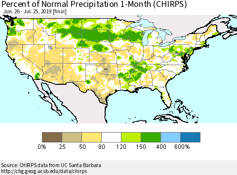 United States Percent of Normal Precipitation 1-Month (CHIRPS) Thematic Map For 6/26/2019 - 7/25/2019