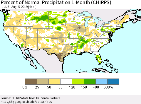 United States Percent of Normal Precipitation 1-Month (CHIRPS) Thematic Map For 7/6/2019 - 8/5/2019