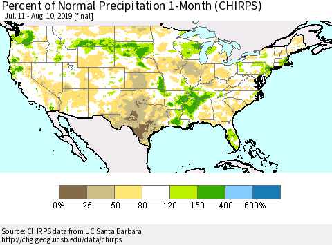 United States Percent of Normal Precipitation 1-Month (CHIRPS) Thematic Map For 7/11/2019 - 8/10/2019