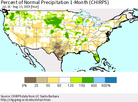 United States Percent of Normal Precipitation 1-Month (CHIRPS) Thematic Map For 7/16/2019 - 8/15/2019