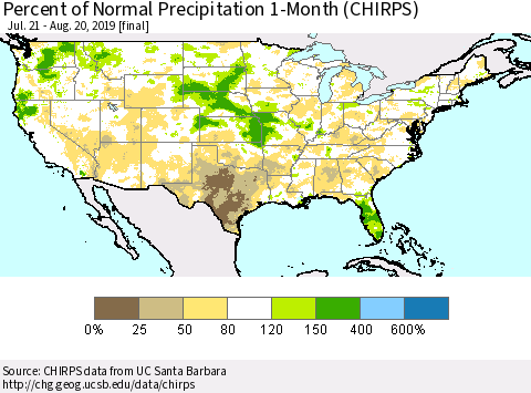 United States Percent of Normal Precipitation 1-Month (CHIRPS) Thematic Map For 7/21/2019 - 8/20/2019