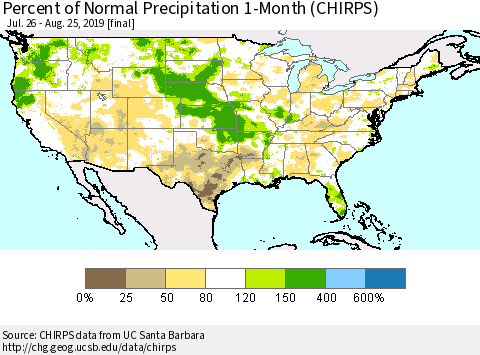 United States Percent of Normal Precipitation 1-Month (CHIRPS) Thematic Map For 7/26/2019 - 8/25/2019