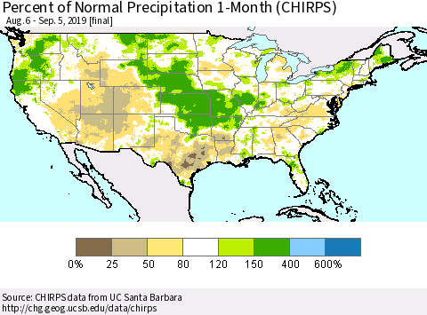 United States Percent of Normal Precipitation 1-Month (CHIRPS) Thematic Map For 8/6/2019 - 9/5/2019