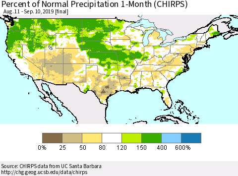 United States Percent of Normal Precipitation 1-Month (CHIRPS) Thematic Map For 8/11/2019 - 9/10/2019