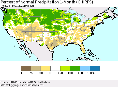 United States Percent of Normal Precipitation 1-Month (CHIRPS) Thematic Map For 8/16/2019 - 9/15/2019