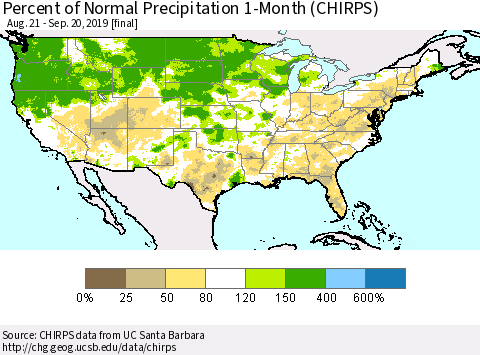 United States Percent of Normal Precipitation 1-Month (CHIRPS) Thematic Map For 8/21/2019 - 9/20/2019