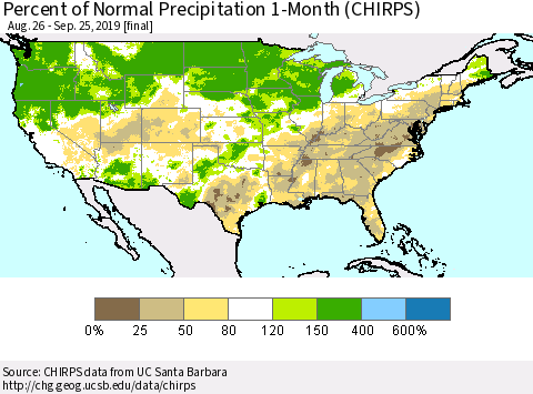 United States Percent of Normal Precipitation 1-Month (CHIRPS) Thematic Map For 8/26/2019 - 9/25/2019