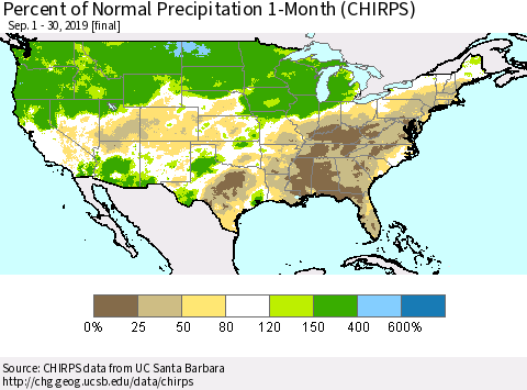 United States Percent of Normal Precipitation 1-Month (CHIRPS) Thematic Map For 9/1/2019 - 9/30/2019