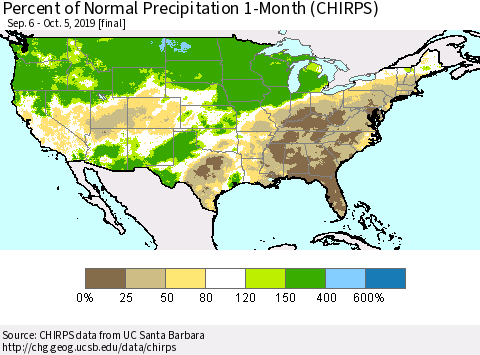 United States Percent of Normal Precipitation 1-Month (CHIRPS) Thematic Map For 9/6/2019 - 10/5/2019