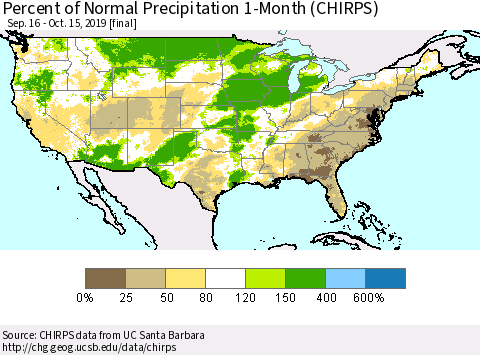 United States Percent of Normal Precipitation 1-Month (CHIRPS) Thematic Map For 9/16/2019 - 10/15/2019