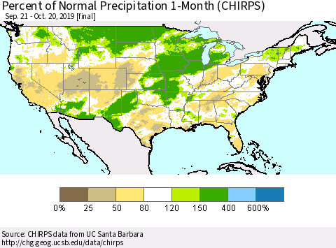 United States Percent of Normal Precipitation 1-Month (CHIRPS) Thematic Map For 9/21/2019 - 10/20/2019