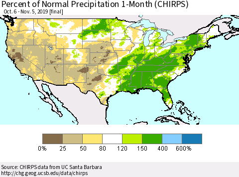 United States Percent of Normal Precipitation 1-Month (CHIRPS) Thematic Map For 10/6/2019 - 11/5/2019