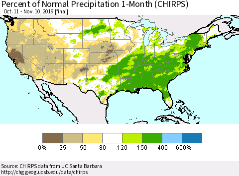 United States Percent of Normal Precipitation 1-Month (CHIRPS) Thematic Map For 10/11/2019 - 11/10/2019