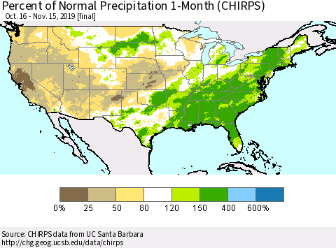 United States Percent of Normal Precipitation 1-Month (CHIRPS) Thematic Map For 10/16/2019 - 11/15/2019