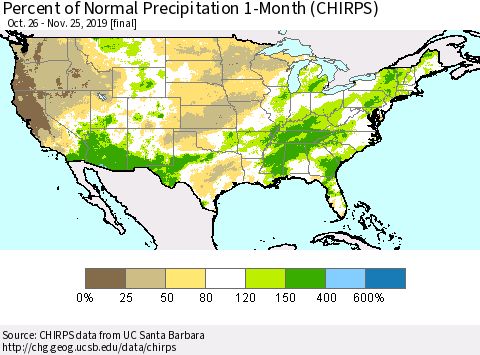 United States Percent of Normal Precipitation 1-Month (CHIRPS) Thematic Map For 10/26/2019 - 11/25/2019