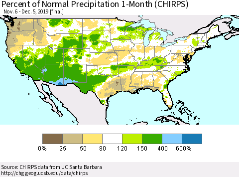 United States Percent of Normal Precipitation 1-Month (CHIRPS) Thematic Map For 11/6/2019 - 12/5/2019