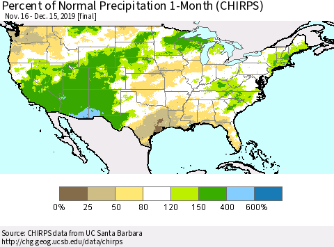 United States Percent of Normal Precipitation 1-Month (CHIRPS) Thematic Map For 11/16/2019 - 12/15/2019