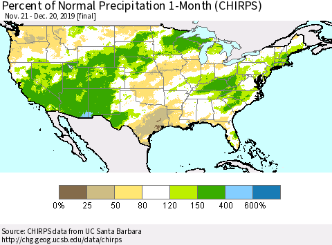 United States Percent of Normal Precipitation 1-Month (CHIRPS) Thematic Map For 11/21/2019 - 12/20/2019