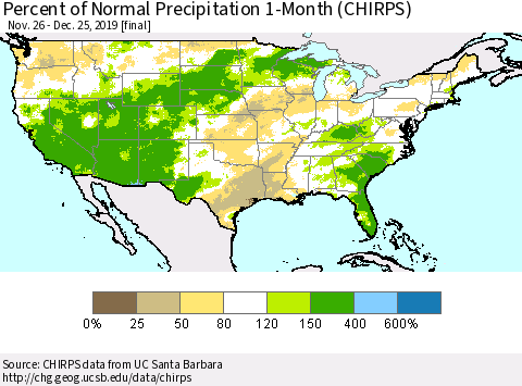 United States Percent of Normal Precipitation 1-Month (CHIRPS) Thematic Map For 11/26/2019 - 12/25/2019