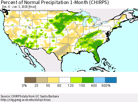 United States Percent of Normal Precipitation 1-Month (CHIRPS) Thematic Map For 12/6/2019 - 1/5/2020