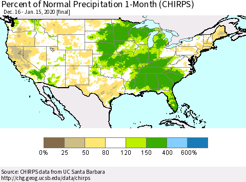 United States Percent of Normal Precipitation 1-Month (CHIRPS) Thematic Map For 12/16/2019 - 1/15/2020