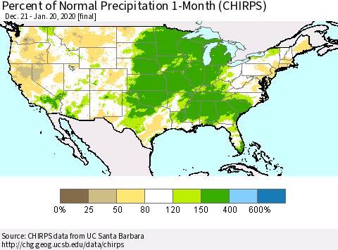 United States Percent of Normal Precipitation 1-Month (CHIRPS) Thematic Map For 12/21/2019 - 1/20/2020