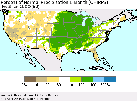 United States Percent of Normal Precipitation 1-Month (CHIRPS) Thematic Map For 12/26/2019 - 1/25/2020