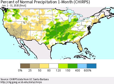 United States Percent of Normal Precipitation 1-Month (CHIRPS) Thematic Map For 1/1/2020 - 1/31/2020