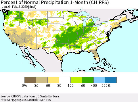 United States Percent of Normal Precipitation 1-Month (CHIRPS) Thematic Map For 1/6/2020 - 2/5/2020