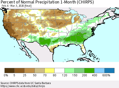 United States Percent of Normal Precipitation 1-Month (CHIRPS) Thematic Map For 2/6/2020 - 3/5/2020