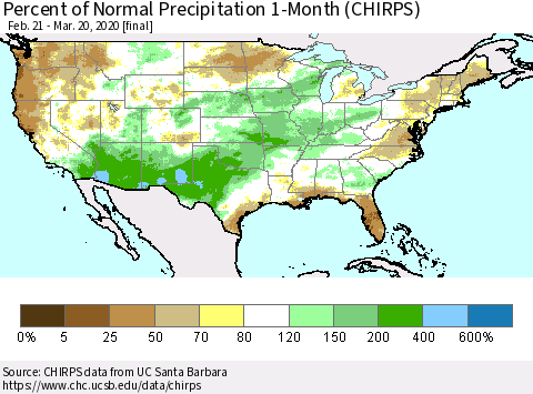 United States Percent of Normal Precipitation 1-Month (CHIRPS) Thematic Map For 2/21/2020 - 3/20/2020