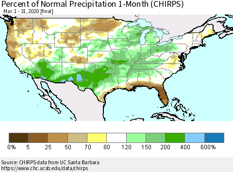 United States Percent of Normal Precipitation 1-Month (CHIRPS) Thematic Map For 3/1/2020 - 3/31/2020