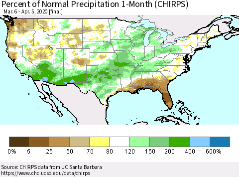 United States Percent of Normal Precipitation 1-Month (CHIRPS) Thematic Map For 3/6/2020 - 4/5/2020